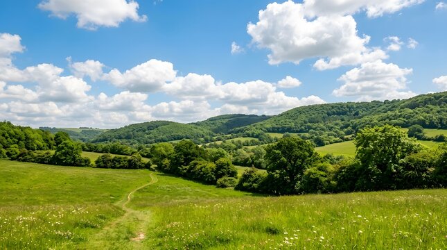 Serene countryside landscape with rolling hills and green fields