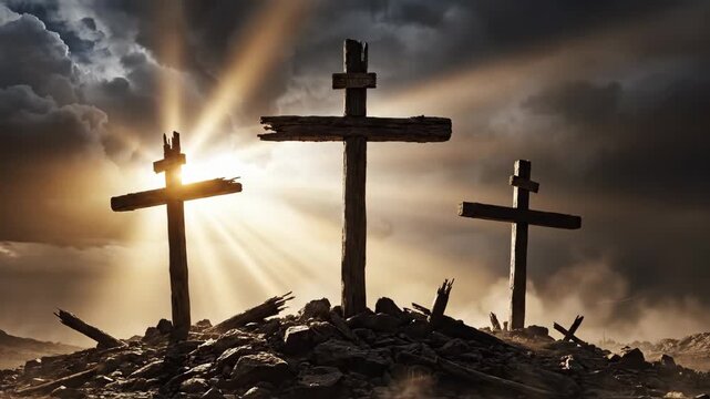 The crucifixion of Jesus Christ with three crosses on a stormy hill. Dramatic lightning and god rays shine from the dark sky. Christian symbol of faith and salvation