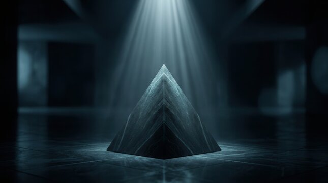 A darkroom background featuring a pyramid platform for product marketing concepts.