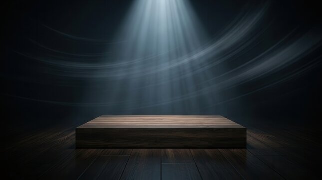 Empty wooden platform in a darkroom background for product marketing concept.