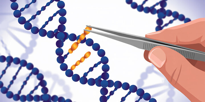 Close-up of Tweezers Manipulating Orange Segments within a Blue DNA Double Helix Structure for Genetic Research