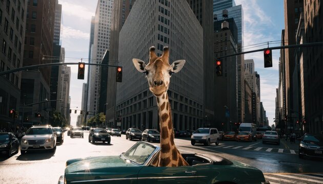 Giraffe drives a classic car through a busy city intersection with skyscrapers and traffic lights, creating a surreal and whimsical urban scene.