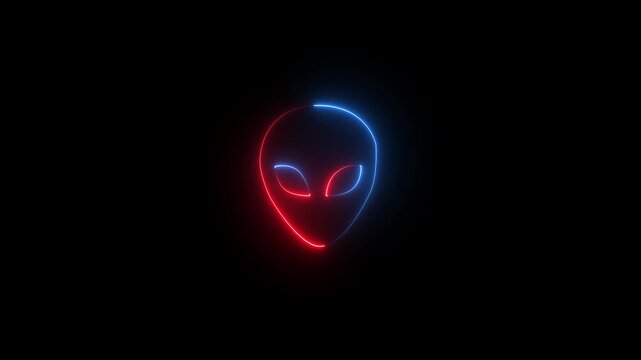 Glowing Neon Extraterrestrial Alien Head Icon Animation Symbolizing Sci Fi Space Life and Futuristic Martian Humanoid Face on Black Background