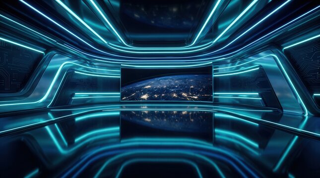 Modern 3D virtual news studio background with futuristic blue lighting.