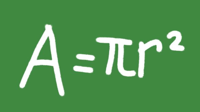 Area of a circle formula doodle chalk cartoon graphic outline math equation icon isolated on green screen background for creative school classroom lesson line art.