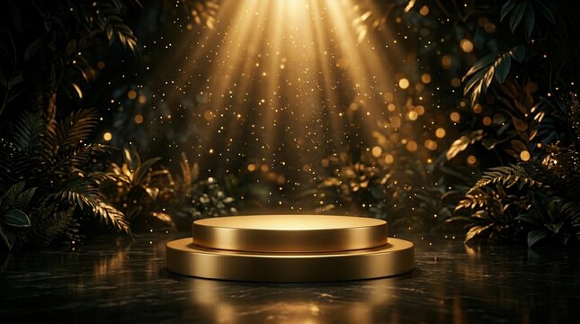 Empty gold podium on a dark background with shimmering gold particles.