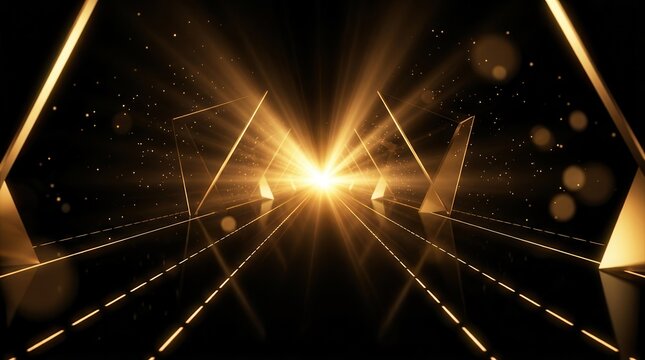 Abstract luxury background featuring golden shapes and brilliant light rays.