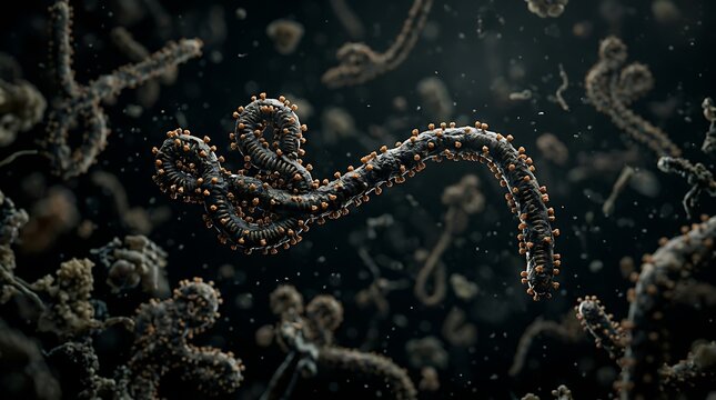 Virus particles with orange spikes on dark background, microbiology concept