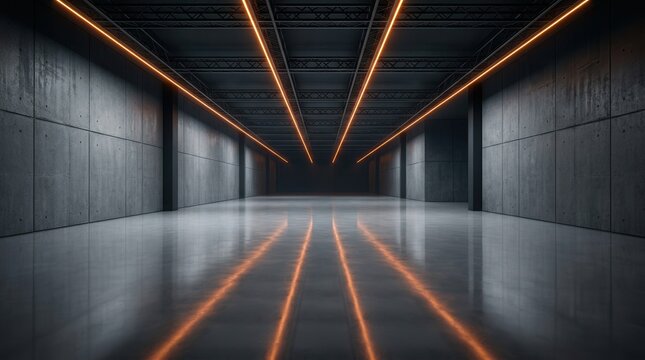 Empty industrial hall with orange LED lights and grey concrete walls 3D rendering.