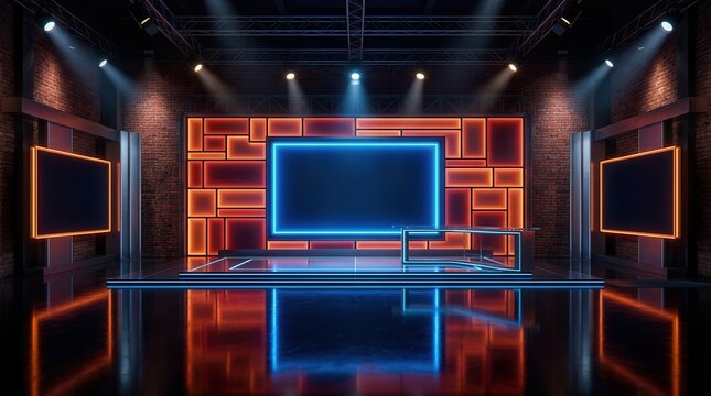 3D virtual TV news studio background with large blank screen and neon lighting.