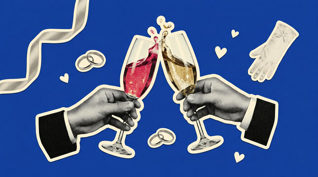 Wedding champagne toast collage with clinking glasses and rings on blue background for romantic celebration design
