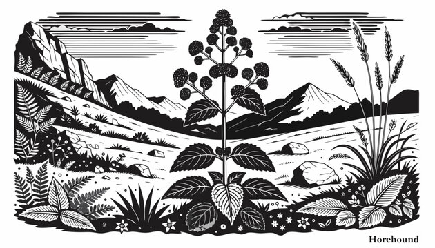 Very beautiful black-and-white engraved vector illustration featuring Horehound growing in a rugged natural meadow, with textured foliage, wild grasses, distant mountain ranges, and sophisticated vint