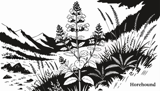 Very beautiful black-and-white engraved vector illustration featuring Horehound growing in a rugged natural meadow, with textured foliage, wild grasses, distant mountain ranges, and sophisticated vint