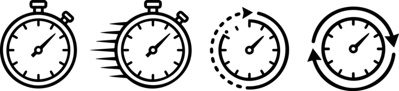 Timer icon set. Alarm clock symbol. Watch countdown vector illustration. Stopwatch sign. Hours, minutes and seconds concept. Simple express pictogram outline collection.