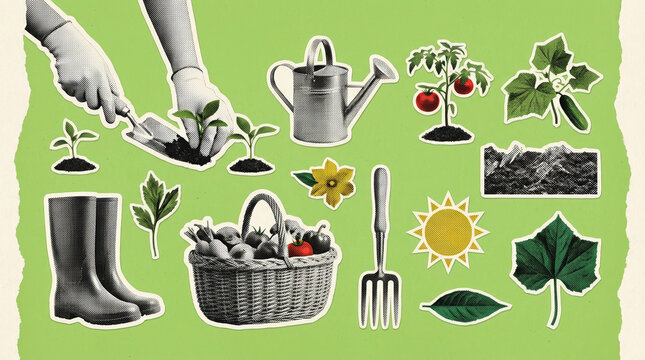 Spring gardening collage with seedlings, tools and harvest basket on green background for home garden banner design