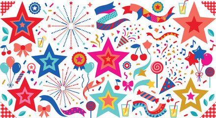 Fototapeta premium A festive collection of colorful stars fireworks ribbons and party elements isolated on a white background for celebration designs and creative holiday graphic projects