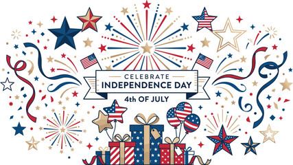 Fototapeta premium Festive fourth of july independence day celebration design featuring colorful fireworks american flags gift boxes and decorative stars on a clean white background for holiday