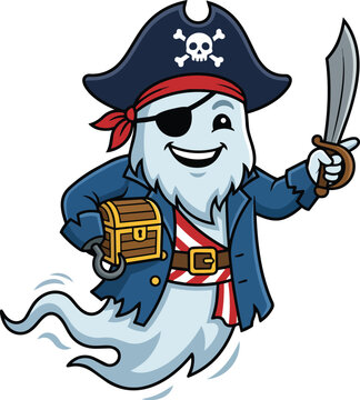 Cute cartoon pirate ghost character carrying treasure chest and sword with eye patch