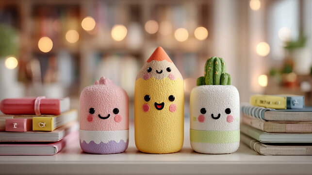 Kawaii-style 3D school supplies set with happy smiling faces. Pastel colored crayons, pencils, and erasers on white desk. Bright, cheerful, and smooth textures for modern educational print and web med