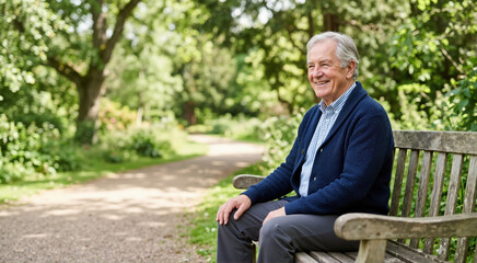 Fototapeta premium Smiling senior man sitting on a wooden bench in a green park. Happy elderly male relaxing outdoors in nature. Leisure and retirement lifestyle