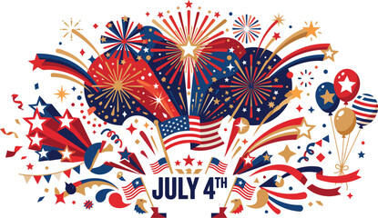 Fototapeta premium Festive fourth of july illustration featuring vibrant fireworks displays american flags and celebratory balloons isolated on a white background for independence day holiday design projects