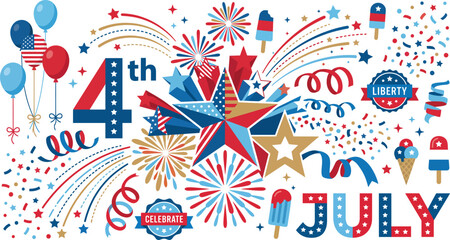 Obraz premium Festive fourth of july background featuring colorful fireworks stars balloons and ice cream treats in a patriotic red white and blue theme for celebrations