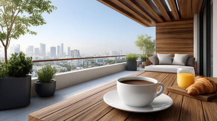 Obraz premium Morning private luxury hotel balcony breakfast, enjoying fresh coffee, orange juice, and a croissant with a distant city skyline view, relaxing on vacation
