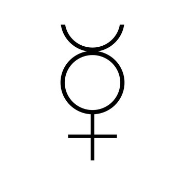 Alchemical symbol for Mercury &mdash; crescent, circle and cross combined, minimalist occult line art on white background.