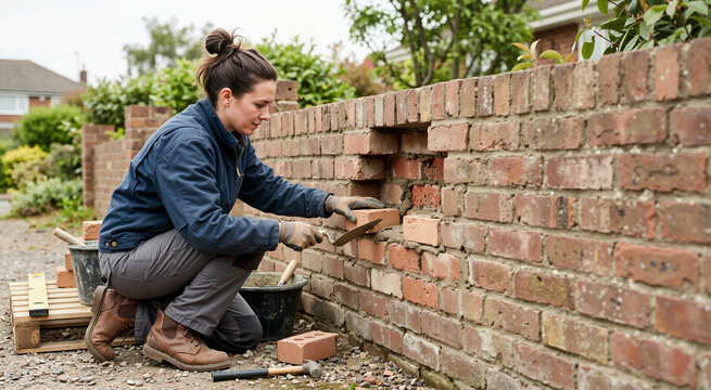 Focused woman repairing a hole in an exterior red brick wall. Female mason applying mortar to a brick with a trowel
