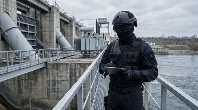 Security guard in tactical gear monitoring a dam's infrastructure and water levels with a tablet