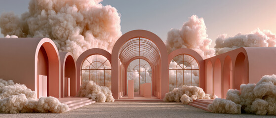 Naklejka premium Surreal pink archway garden backdrop for weddings and event design