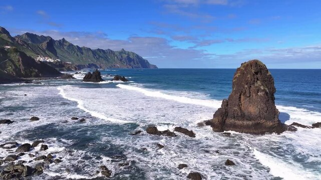Dramatic Coastal Landscape of Benijo Beach in Anaga Rural Park, Canary Islands. Aerial video.