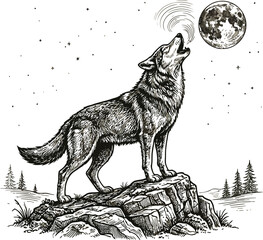 Fototapeta premium Howling wolf illustration with moon and stars on a white background
