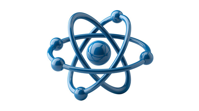 Blue atom symbol with orbiting electrons in a clean studio graphic, sharp focused science chemistry physics concept on a centered transparent background