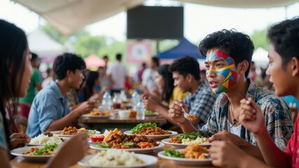 Naklejka premium A young man with colorful grok geometric face paint enjoys a vibrant meal with friends at an outdoor food festival during a cinematic summer afternoon at a local community street market event.