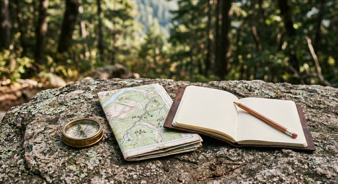 Hiking map, compass and open notebook on rock in forest, navigation still life with pencil and soft woodland light in natural outdoor light with practical trail equipment details