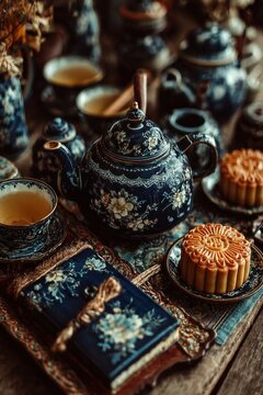 Traditional Mid-Autumn Festival table setting with tea, mooncakes, and elegant layout
