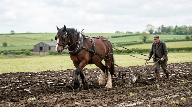 Farmer guiding a large draft horse pulling a traditional plow through a muddy field. Senior man working the soil with a heavy horse on a rural farm