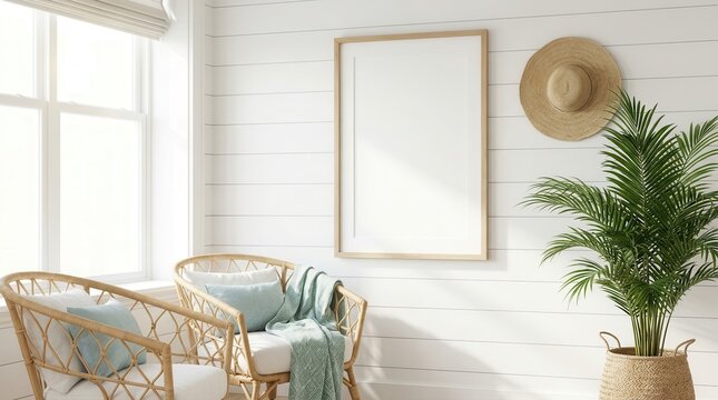 Modern seaside interior design featuring a 3d render of a mockup frame.