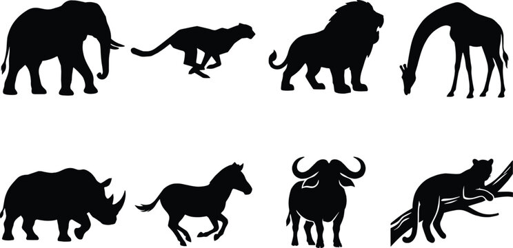African safari animals black silhouette vector set featuring wild fauna elements isolated on a clean white background