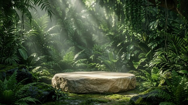 A 3D rendering of a stone pedestal for cosmetic products in a tropical green garden.