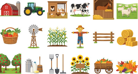 Agriculture and farm life color vector element bundle featuring livestock machinery crops and rural countryside icons © Hello World