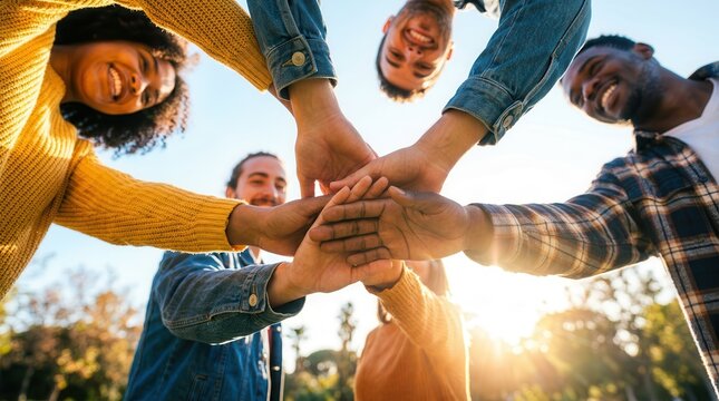 Close-up of hands joining together in the air representing unity and working together.