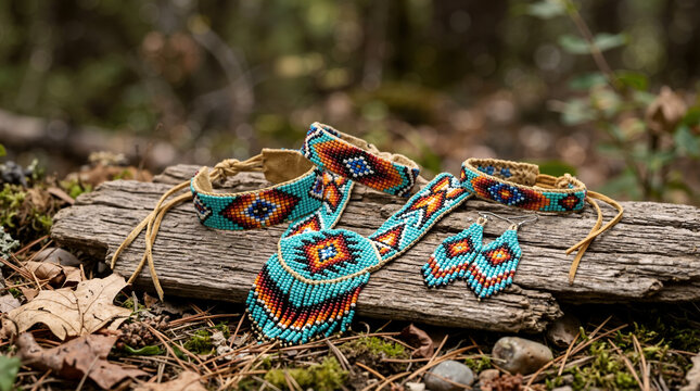 Traditional Native American beadwork jewelry on weathered wood. Handmade necklace, bracelets, and earrings with colorful geometric patterns resting on a forest floor. Indigenous artisan craft
