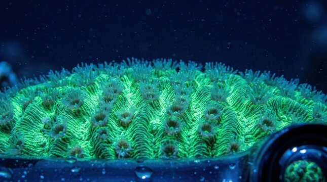 An extreme macro underwater shot of open brain coral displays intricate textures in high resolution, capturing the vibrant green bioluminescent details of a deep sea reef in a cinematic frame.