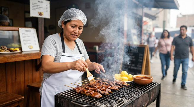 Female street food vendor grilling traditional Peruvian anticuchos. Woman in an apron brushing marinade on meat skewers over a charcoal barbecue