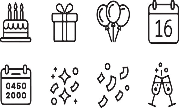 A minimalist black and white line drawing of six icons arranged in a 2x3 grid. The top row features a birthday cake with candles, a wrapped gift with a bow, and three balloons