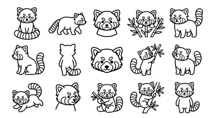 Fototapeta premium Set of outline red panda icons with bamboo