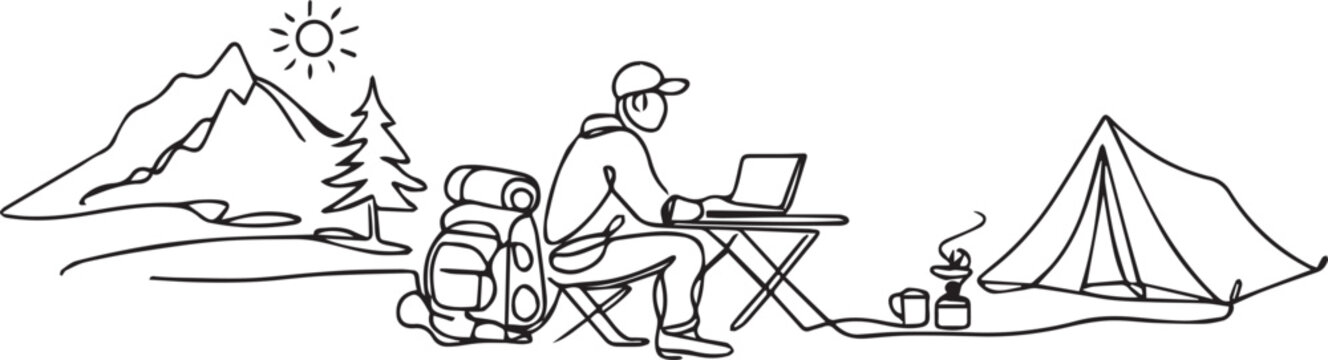 Child Drawing Camping Scene with Tents and Nature at Wooden Table in Minimalist Style
