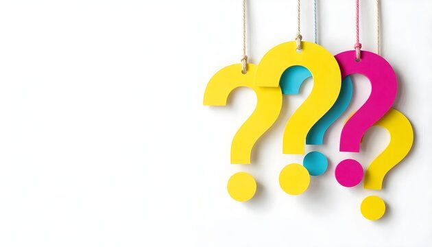 Colorful question marks hanging on strings, symbolizing curiosity and inquiry
